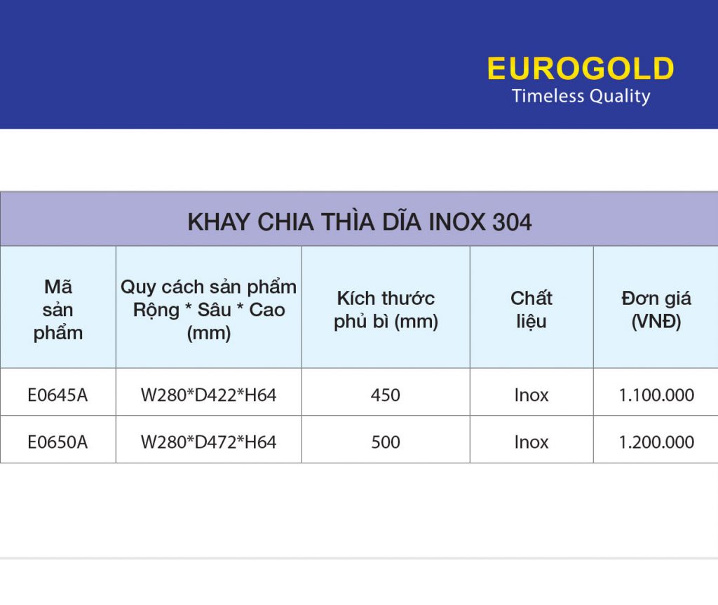 BẢNG GIÁ Khay chia thìa dĩa inox 304 E0645A – Eurogold